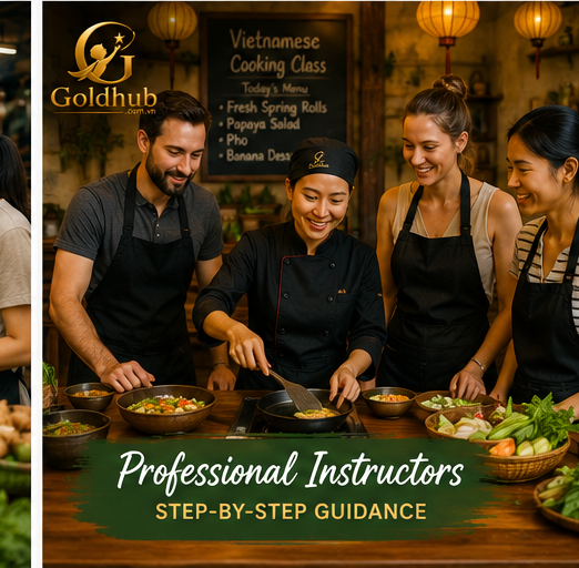 Professional Vietnamese cooking instructors guiding international visitors