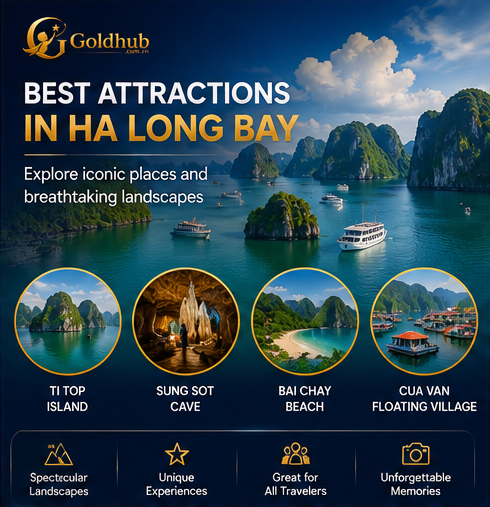 Best attractions in Ha Long Bay including Ti Top Island Sung Sot Cave Bai Chay Beach and Cua Van Floating Village