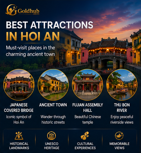 Best attractions in Hoi An including Japanese Covered Bridge Ancient Town Fujian Assembly Hall and Thu Bon River
