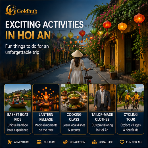 Exciting activities in Hoi An including basket boat rides lantern releases cooking classes and cycling tours