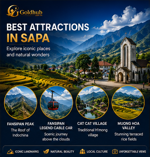 Best attractions in Sapa including Fansipan Peak Muong Hoa Valley Cat Cat Village and cable car experiences