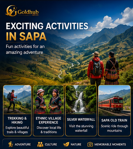 Exciting activities in Sapa including trekking hiking ethnic village visits waterfalls and mountain train rides