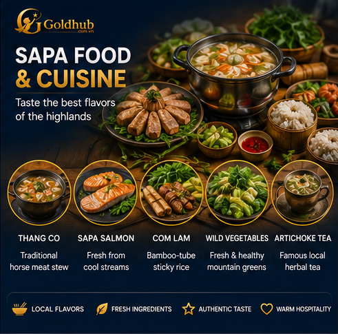 Sapa food and cuisine guide featuring salmon hotpot com lam thang co and local mountain specialties